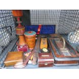 Cage containing a carving set, desk tidy, various treen, boxes, pipe and letter opener