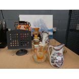 Impressionist print, Oriental patterned jugs (a/f), transfer printed vases plus general crockery