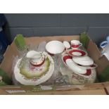 Box containing glassware plus maroon and gilt rimmed Edwardian crockery