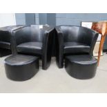 Pair of black leather effect tub chairs with footstools