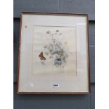 Watercolour of peacock butterfly and flowers
