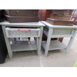 Pair of blue painted lamp tables with single wicker drawers