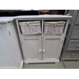 White painted double door bathroom cabinet with 2 wicker drawers