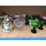 Imari bowl plus green glasses, quantity of jugs and a glass bowl