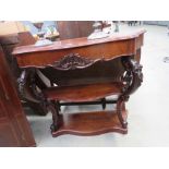 Mahogany three tier console table with single drawer