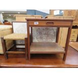 Teak side table with single drawer and shelf under plus stool with strung seat and map