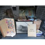 Cage with stamps, wristwatches, silver plate, poker and various china