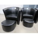 Pair of black leather effect tub chairs with footstools