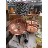 Brass heatlamp, brass 3-tier cakestand, tablelamp with zebra-patterned shade plus various light