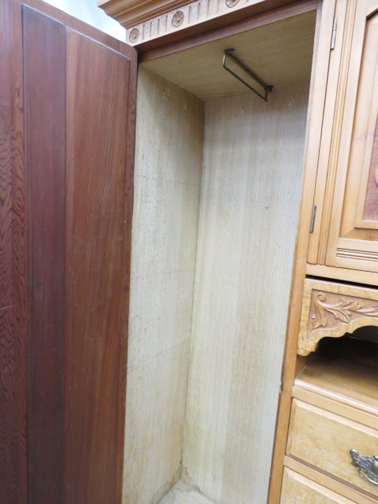 Satin walnut wardrobe with cupboards and drawers to side and single mirrored door - Image 2 of 2