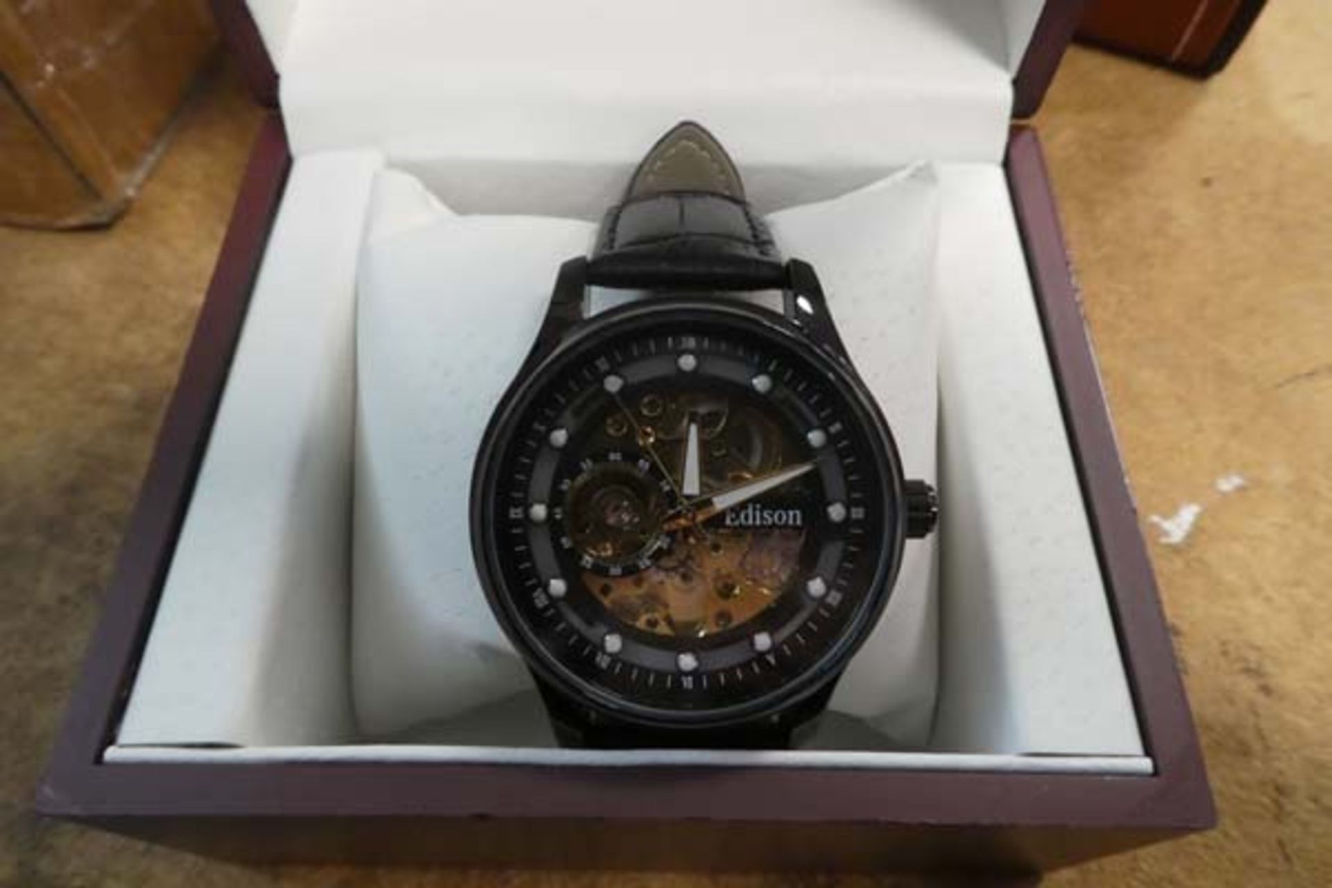 Edison moon phase dial automatic wristwatch with 2 tone strap and box