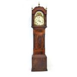 An 18th century longcase clock, the painted face with rural scenes, Roman numerals, secondary dial,