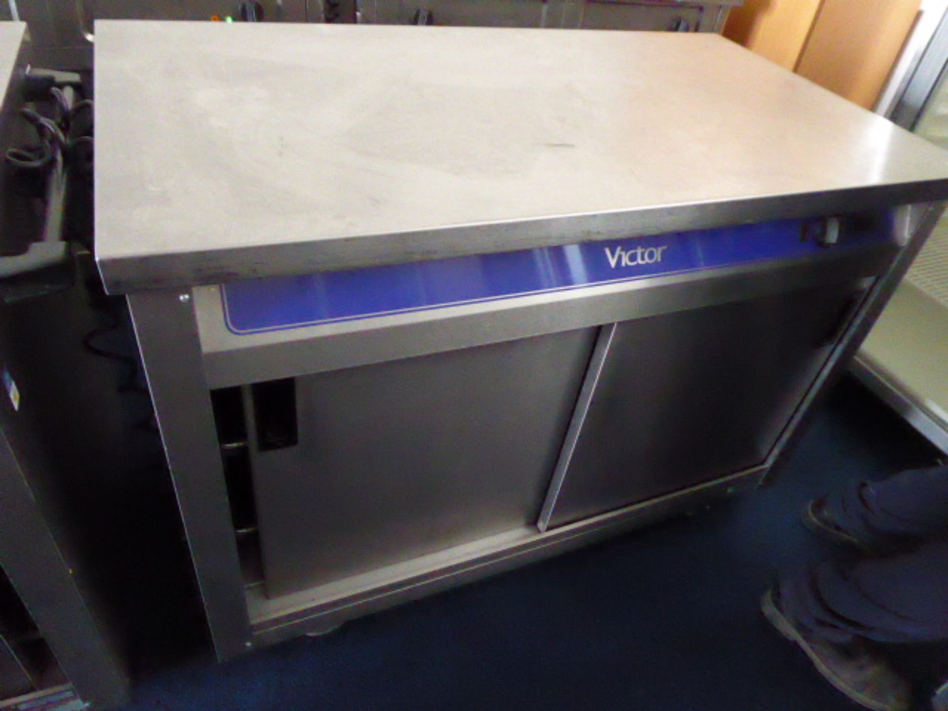 120cm electric Victor mobile hot cupboard with preparation top and sliding cupboards under