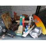 Cage with ornamental surfboard, car, articulated figure, figure of a fish plus others