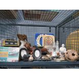 Cage with ephemera, crested ware, miniature pictures, figure of a camel, qty of children's hippo