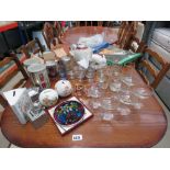 Quantity of shot and sherry glasses, tumblers, champagne glasses, money boxes and a quantity of