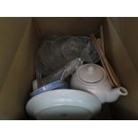 Box with chinese soup bowls and spoons plus a ceramic teapot, wooden spoons and glassware