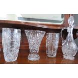 3 cut glass vases and a decanter
