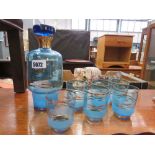 1950's blue glass decanter with six tumblers