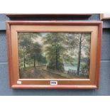 Oil on board of country lane with river and trees, signed Willis Pryce