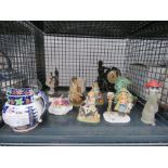 Qty of pottery, resin and china figures plus a quartz Julianna clock