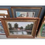 Watercolour of barns and farm buildings, print of a mother bear and cubs plus an oil on canvas of