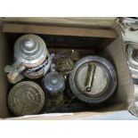Box with beer steins, silver plate, plaque of the last supper plus loose cutlery and glassware