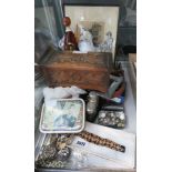 Ornamental figures, wooden music box, commemorative tins, hip flask, engraving plus buttons and