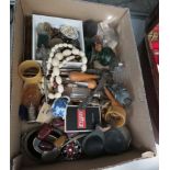 Box with coinage, scent bottles, shoe horn, costume jewellery, paper weights and loose cutlery