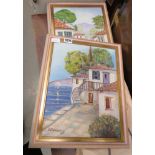 2 modern oils on board of Mediterranean villas plus Greek souvenir plates