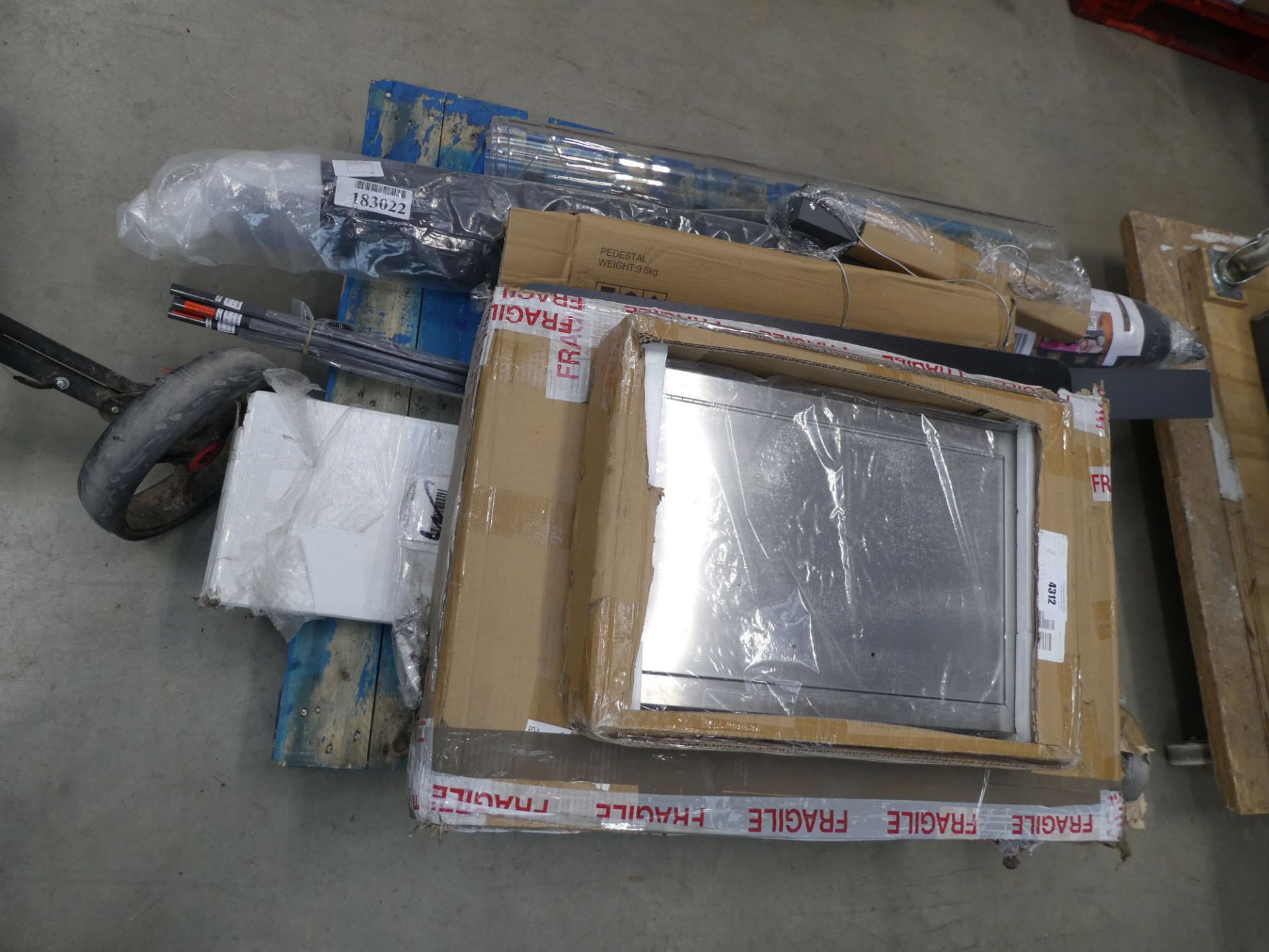 Pallet of assorted items to include stainless steel door panels, lights, fishing rod parts,