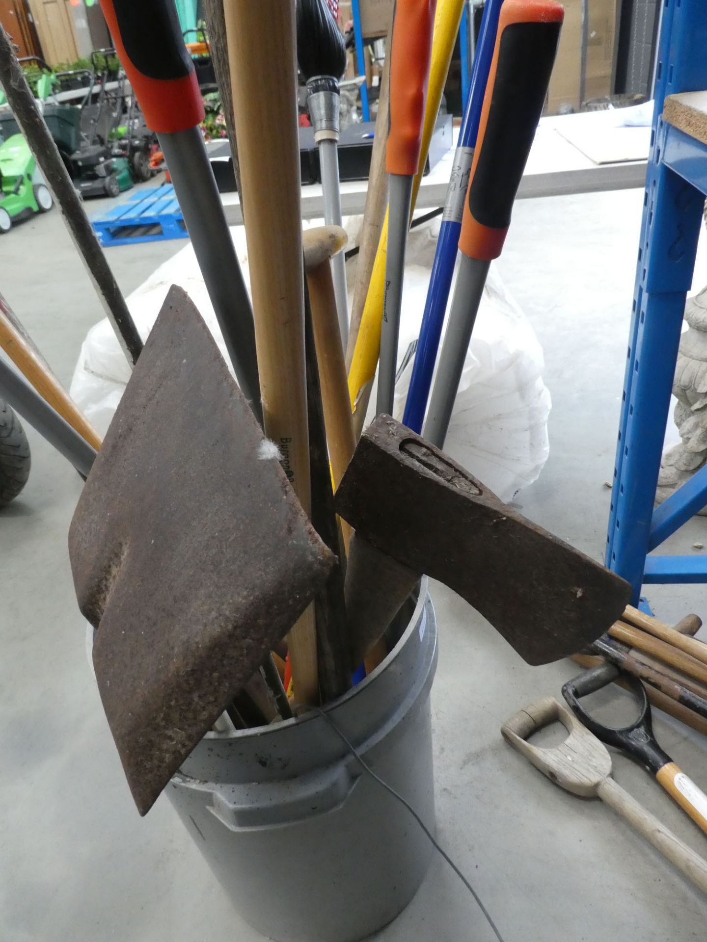 Qty of garden tools and a grey bucket to include spades, loppers, brooms, forks, cobblers lasts, - Image 3 of 3