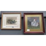 Pastel drawing of chickens plus a painting, field mouse and berries