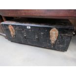 Tin trunk plus a qty of paintings, 3 panelled mirror and wrought iron ladle