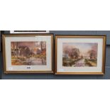 Pair of watercolours, stream and farm buildings