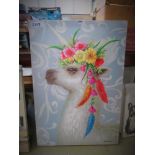 Modern wall hanging depicting a unicorn with flowers