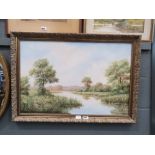 Modern oil on canvas, river with reeds, trees and figures signed Tony Mercia