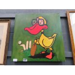 Oil on canvas of a duck playing cricket