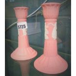 2 pink glazed Jasperware candlesticks