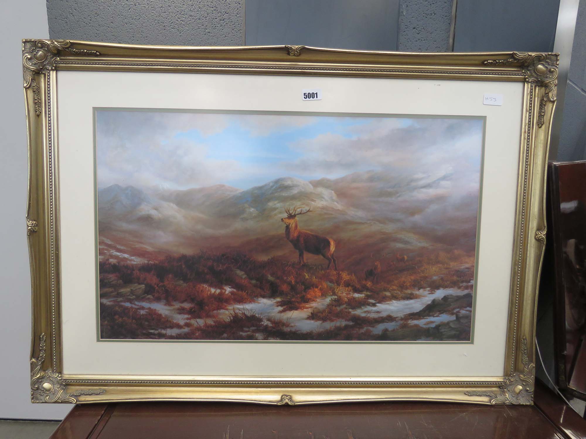 Framed and glazed print of a stag in highland setting
