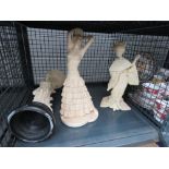 Cage with 2 resin figures and a china figure of a dancing lady