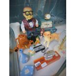 Qty of animal figures, Jasperware, table lighter, dome topped clock, clock in the shape of a tank