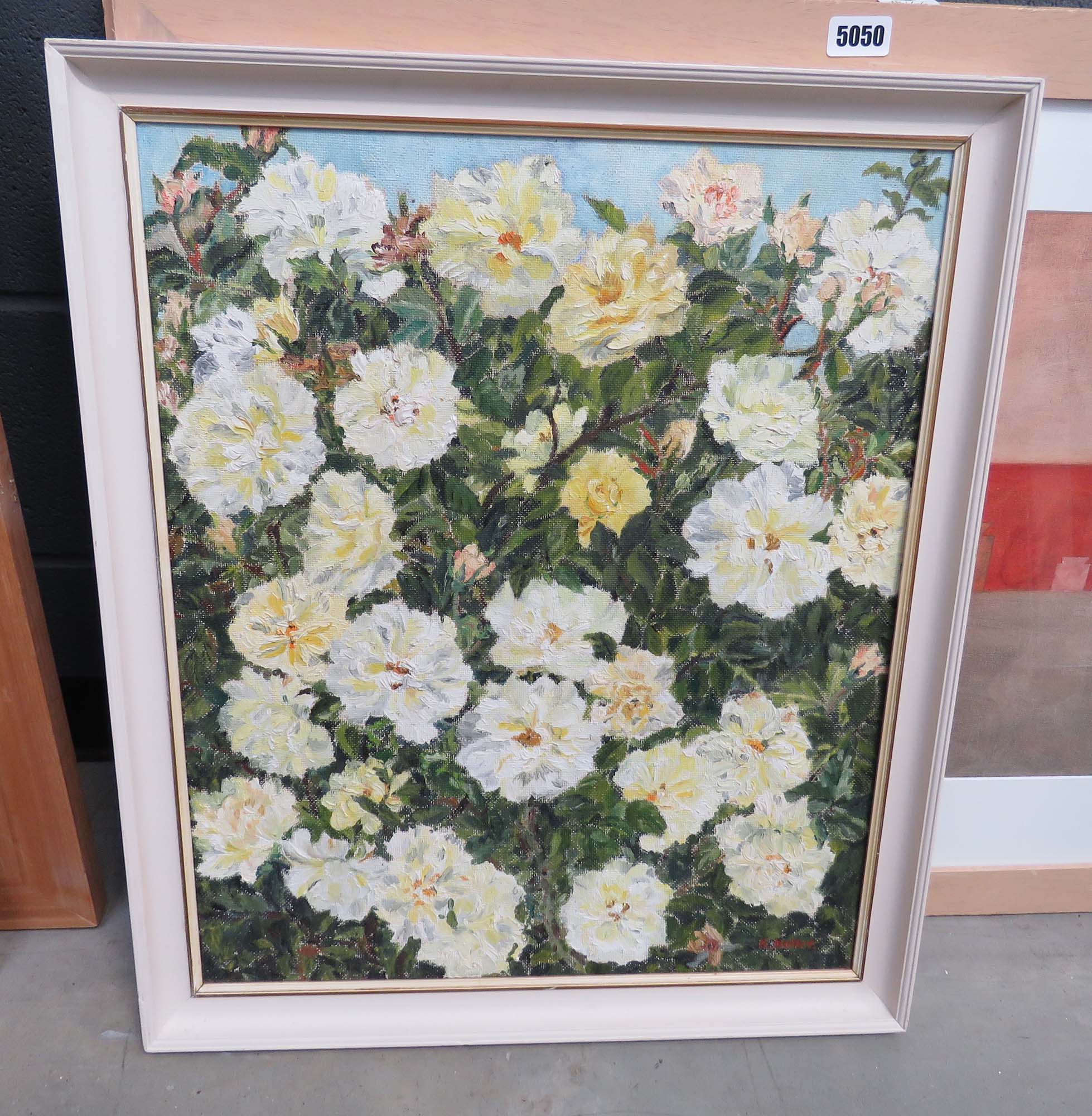 Oil on board, yellow and white flowers