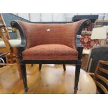 Scroll ended tub chair in red and gilt fabric
