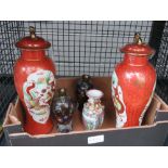 Cage of Cloisonne vases plus oriental lidded pots