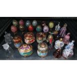 Cage of Franklin Mint ornamental eggs, Bohemian glass and other decorative bells and musical trinket