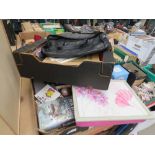 2 boxes containing books, bags, lap tray and print
