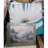 Modern wall hanging depicting flower, 2 loose steam train prints plus a print of a country cottage