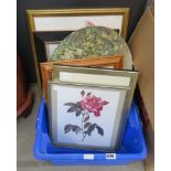 Box containing a qty of floral prints, London prints, still life with pears