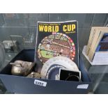 Box containing a football world cup souvenir magazine, Jasper ware, costume jewellery, silver plated